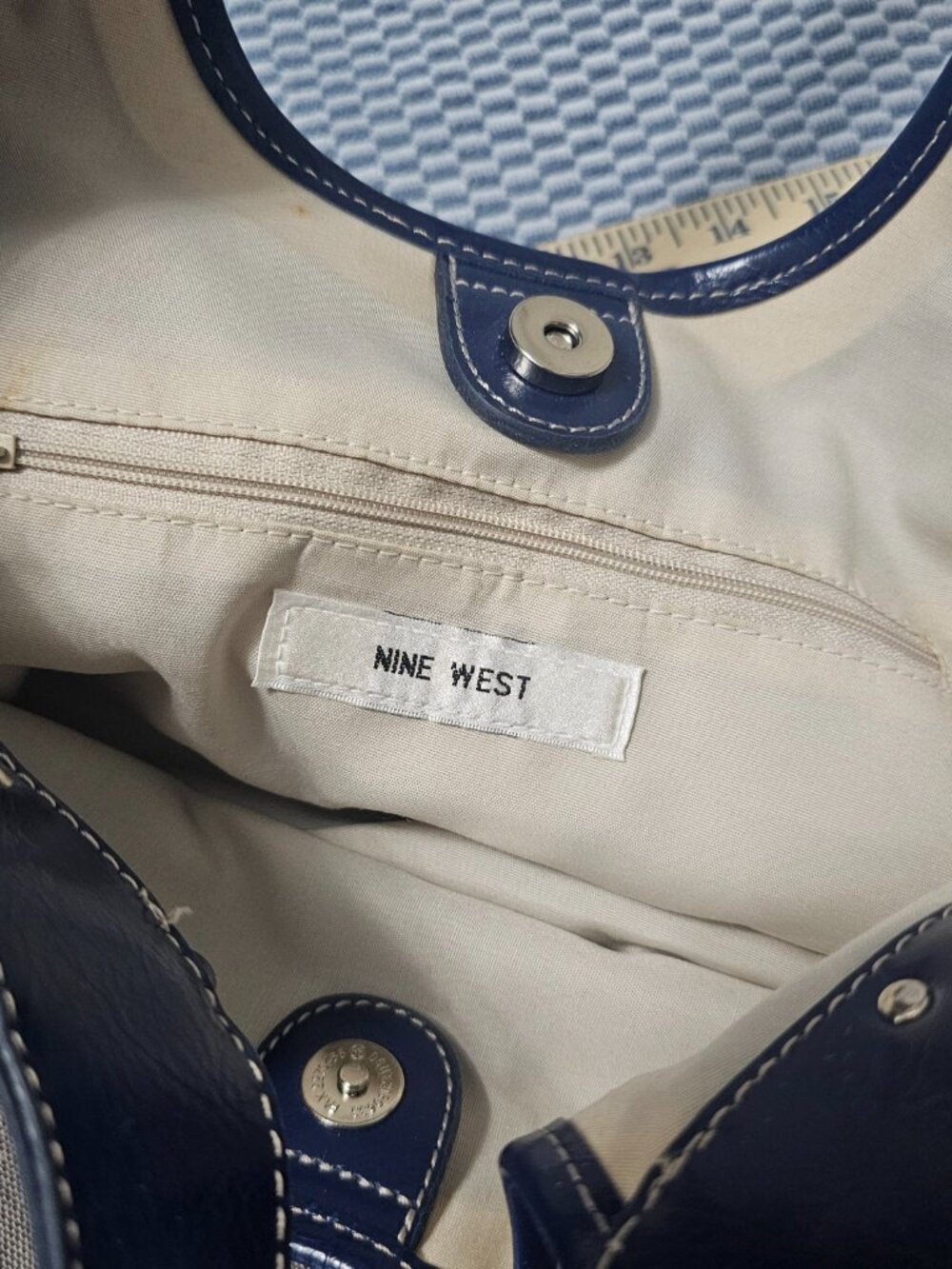 Nine West Blue & Gray Geometric Canvas Hobo Bag – Navy Trim – Silver Hardware - Picture 4 of 7